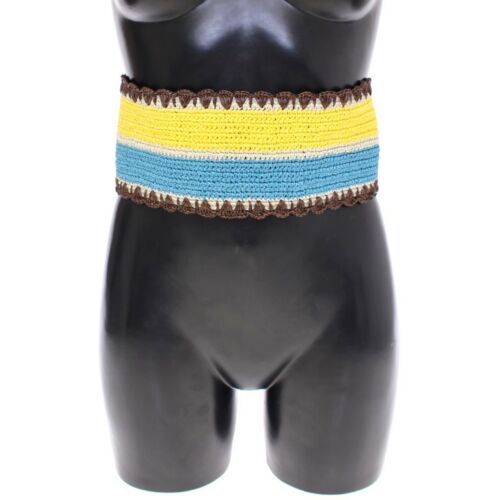 Yellow striped wide waist raffia belt by Dolce & Gabbana with braided texture and natural raffia finish.