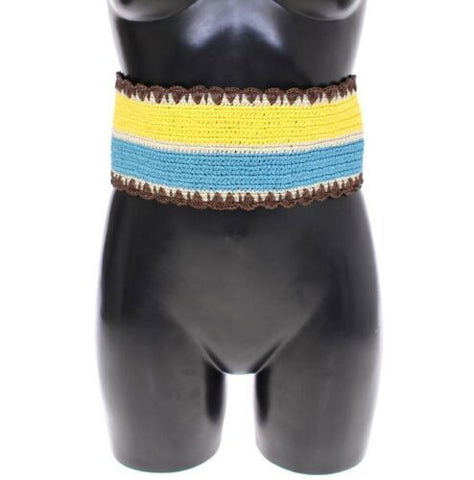 Yellow striped wide waist raffia belt by Dolce & Gabbana with braided texture and natural raffia finish.