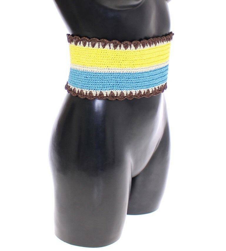 Yellow striped wide waist raffia belt by Dolce & Gabbana, featuring a textured raffia material and bold striped pattern.