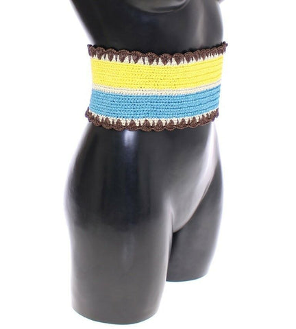 Yellow striped wide waist raffia belt by Dolce & Gabbana, featuring a textured raffia material and bold striped pattern.