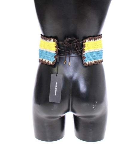 Yellow striped wide waist raffia belt by Dolce & Gabbana, featuring natural raffia material and bold striped design.