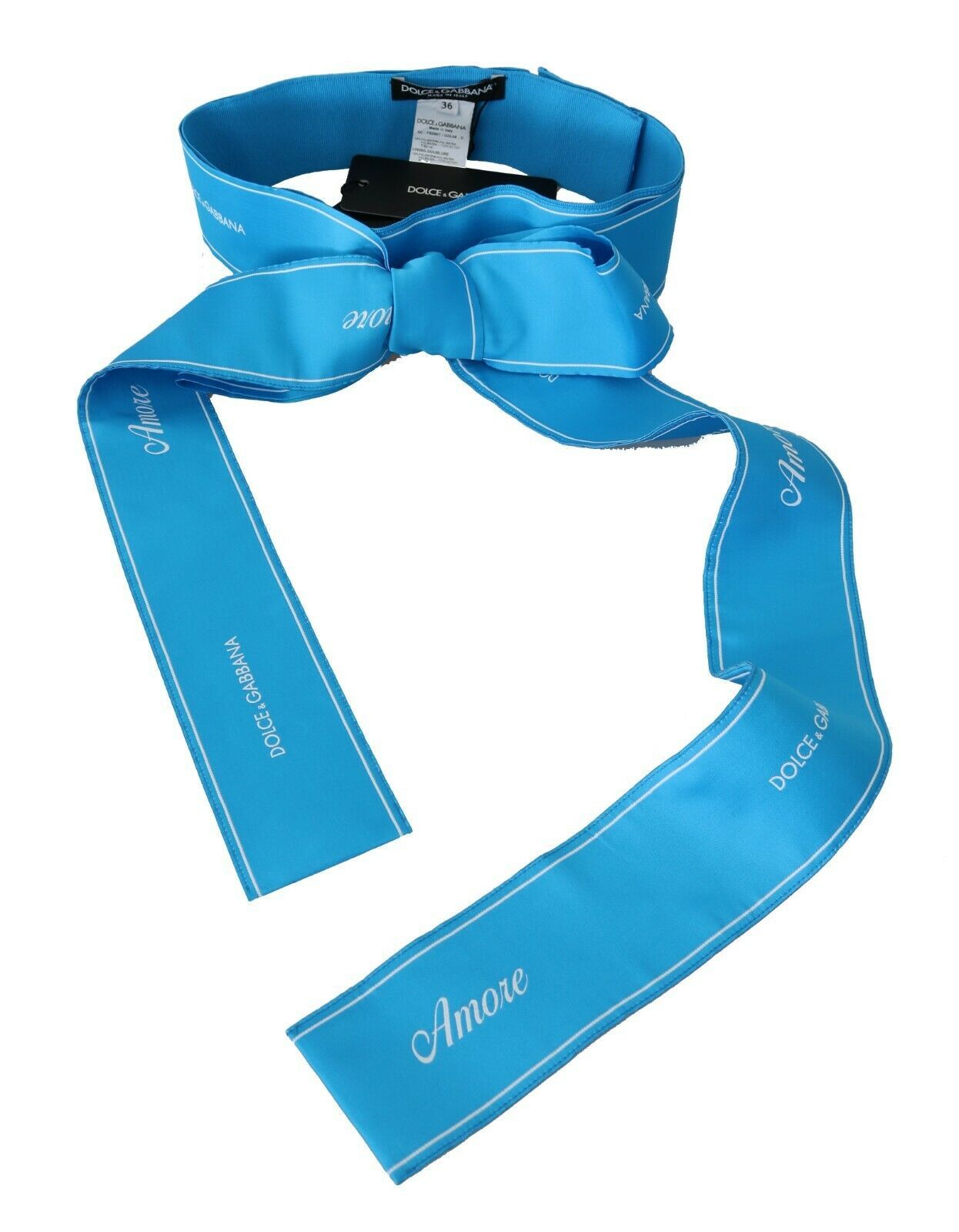 Blue waist ribbon wide bow belt by Dolce & Gabbana, featuring a large decorative bow and smooth fabric for elegant styling.