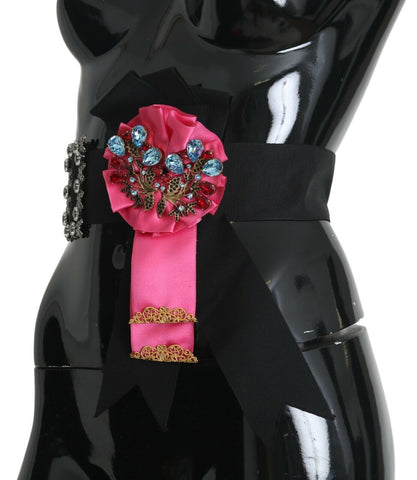 Black pink flower brooch with crystals, cotton belt by Dolce & Gabbana, featuring floral design and elegant detailing.