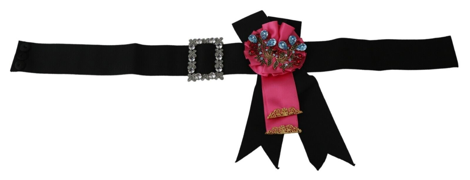 Black pink flower brooch with crystals attached to a cotton belt, designed by Dolce & Gabbana, showcasing elegant floral jewelry.