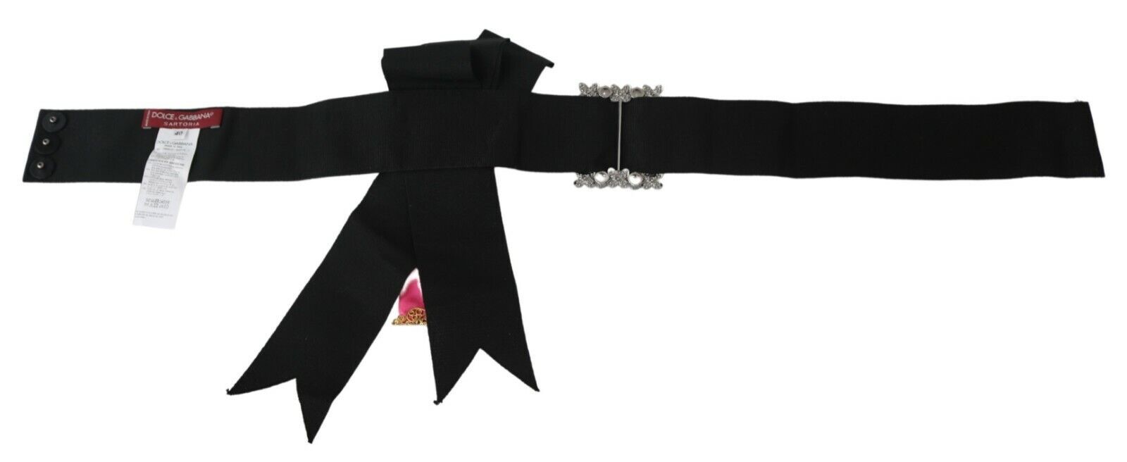 Black pink flower brooch with crystals, cotton belt by Dolce & Gabbana, featuring floral design and decorative embellishments.