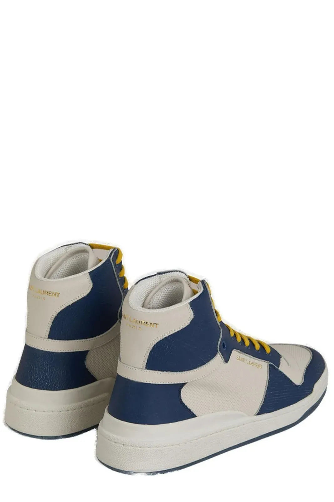 Blue calf leather Saint Laurent mid-top sneakers with white rubber soles and sleek design.