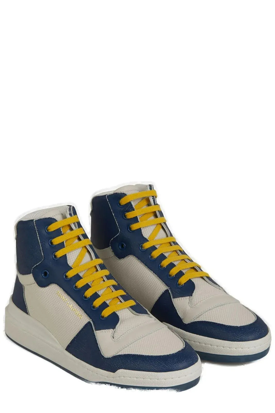 Blue Saint Laurent calf leather mid-top sneakers with white laces and sole, stylish and casual footwear for men.