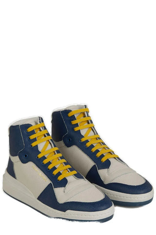 Blue Saint Laurent calf leather mid-top sneakers with white laces and sole, stylish and casual footwear for men.