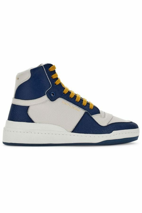 Blue calf leather Saint Laurent mid-top sneakers with white soles and laces, stylish and modern footwear for casual wear.