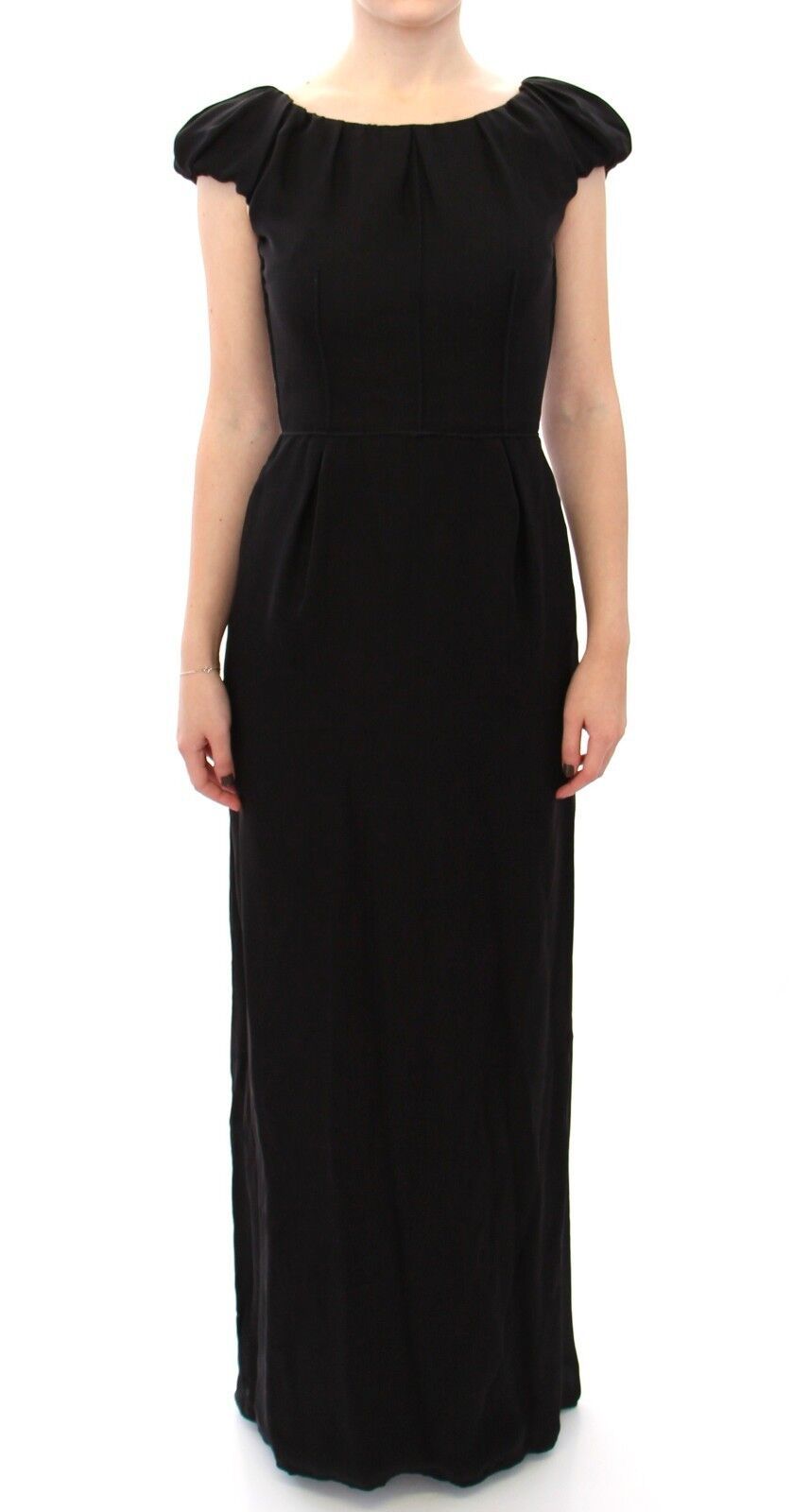 Black silk maxi gown with short sleeves by Dolce & Gabbana, flowing fabric and elegant design for formal occasions.