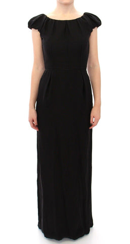 Black silk maxi gown with short sleeves by Dolce & Gabbana, flowing fabric and elegant design for formal occasions.