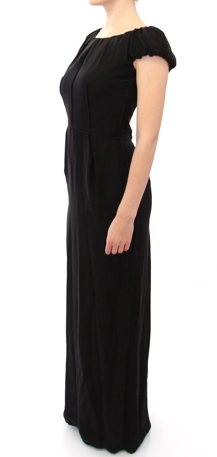 Black silk maxi dress with short sleeves by Dolce & Gabbana, elegant flowing gown with detailed design elements.