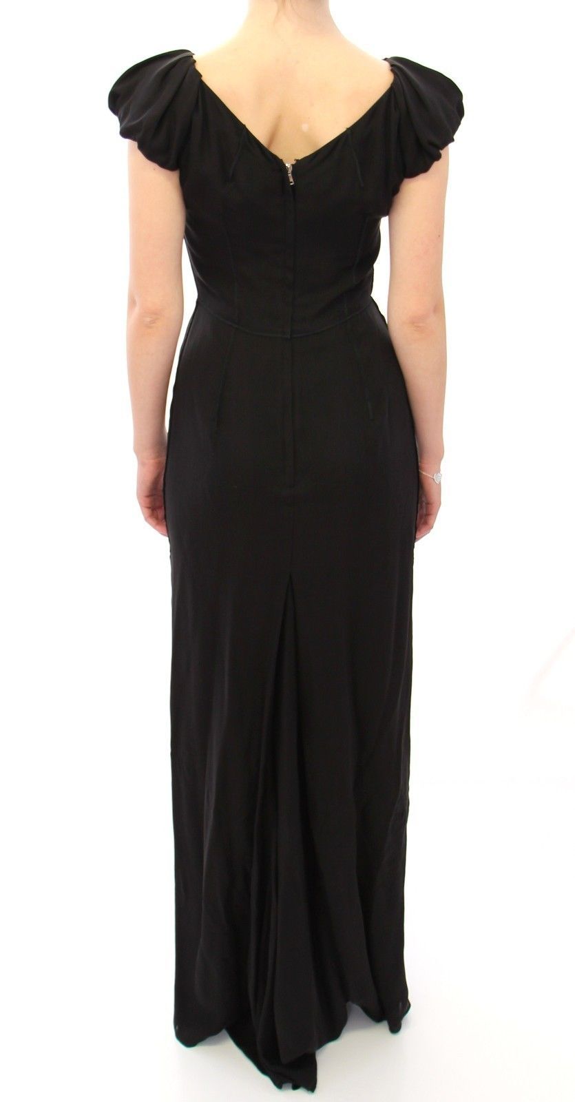 Black silk short-sleeve maxi gown by Dolce & Gabbana, flowing elegant dress with a fitted bodice and luxurious fabric.