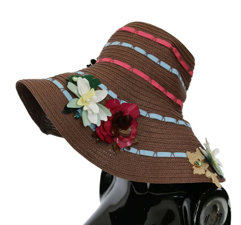 Brown knitted straw floral hat by Dolce & Gabbana with a wide brim and floral detailing, perfect for stylish summer wear.