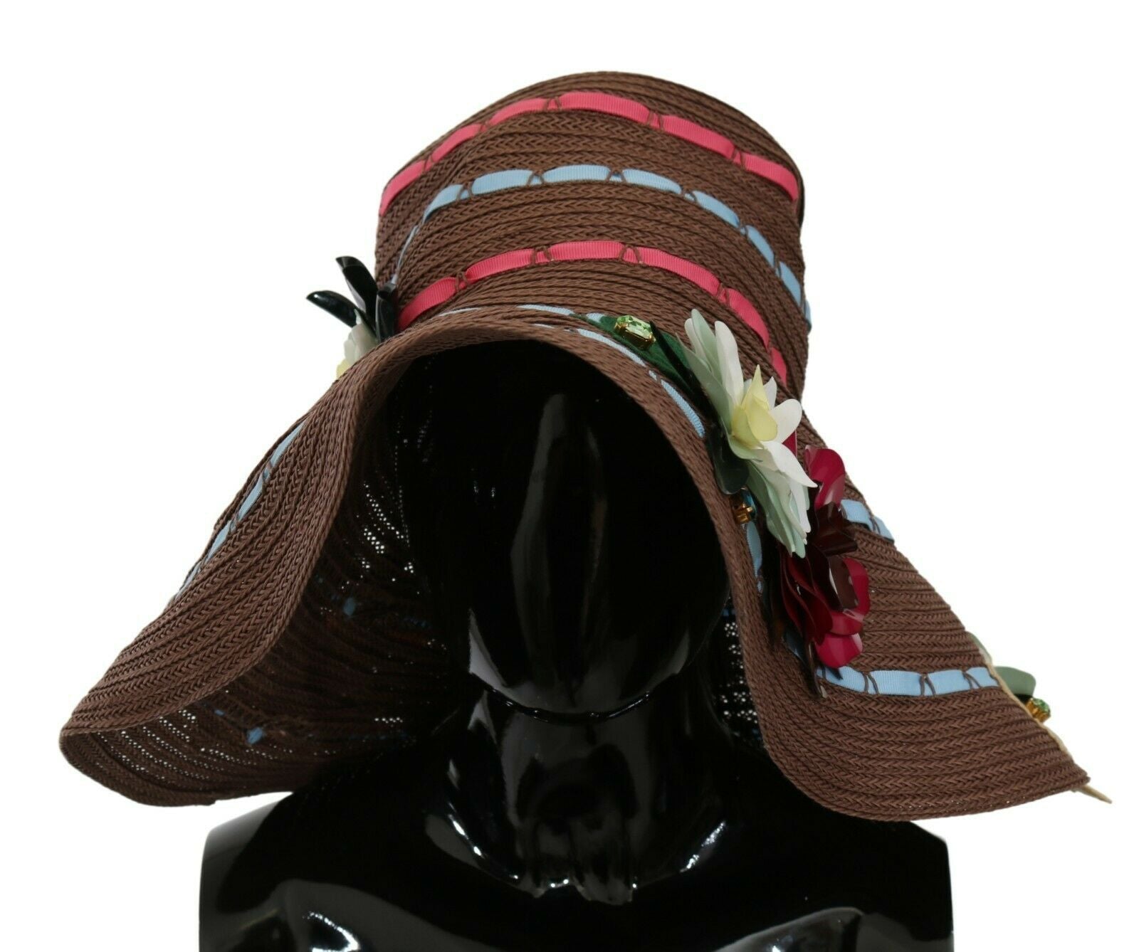 Brown knitted straw floral hat by Dolce & Gabbana with a wide brim and decorative flower accents.