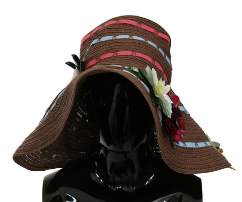 Brown knitted straw floral hat by Dolce & Gabbana with a wide brim and decorative flower accents.