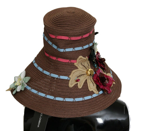 Brown knitted straw floral hat by Dolce & Gabbana with a wide brim and decorative floral accents.