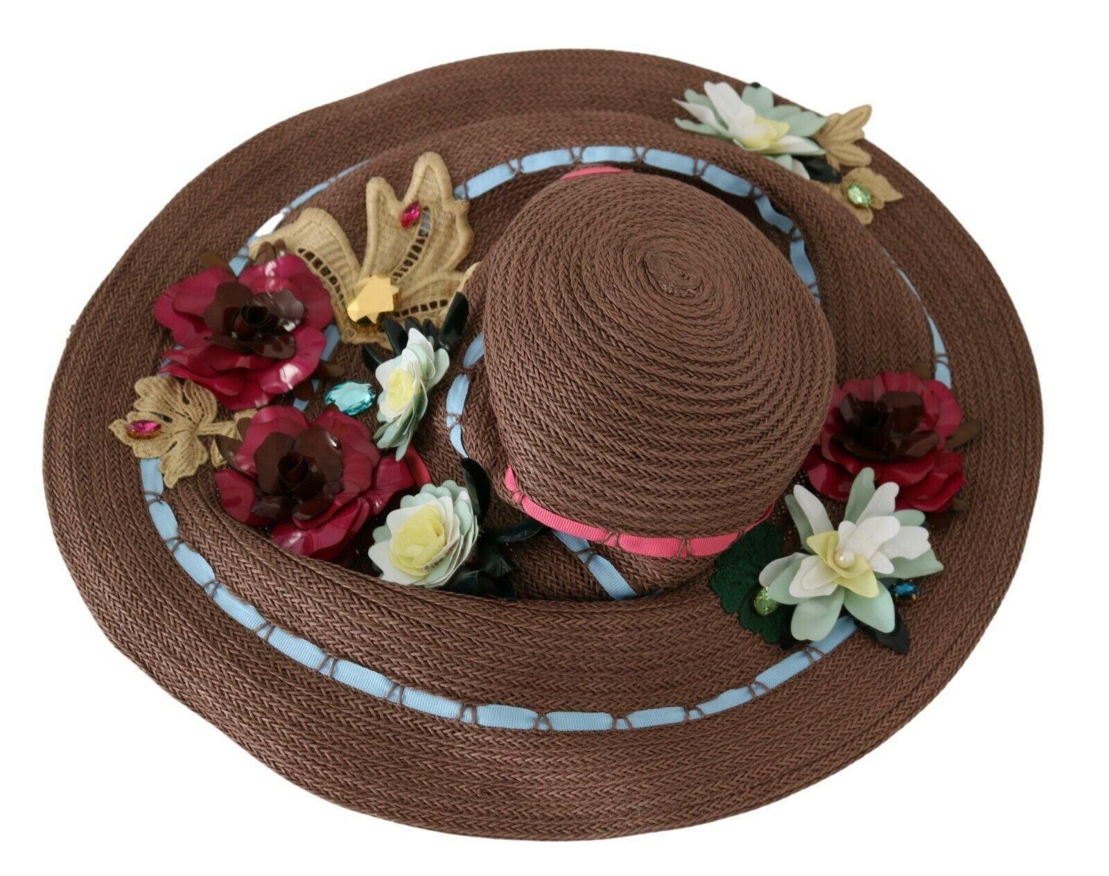 Brown knitted straw floral hat by Dolce & Gabbana with a wide brim and floral accents, perfect for stylish summer wear.