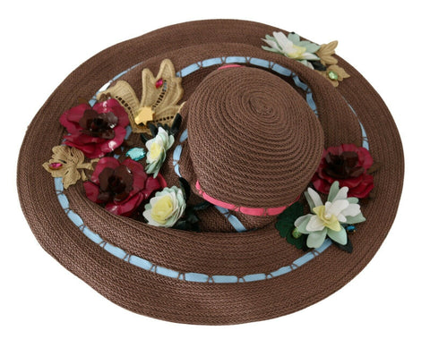 Brown knitted straw floral hat by Dolce & Gabbana with a wide brim and floral accents, perfect for stylish summer wear.