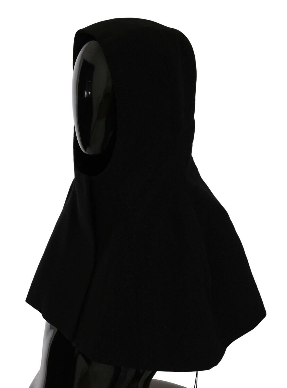 Black wool hooded scarf hat with a full head coverage, designed by Dolce & Gabbana, featuring a cozy and stylish winter accessory.