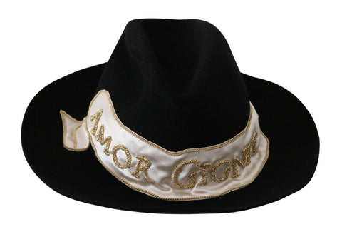 Black Lapin Amor Gignit wide brim Panama hat by Dolce & Gabbana, featuring a woven straw design and a stylish wide brim.