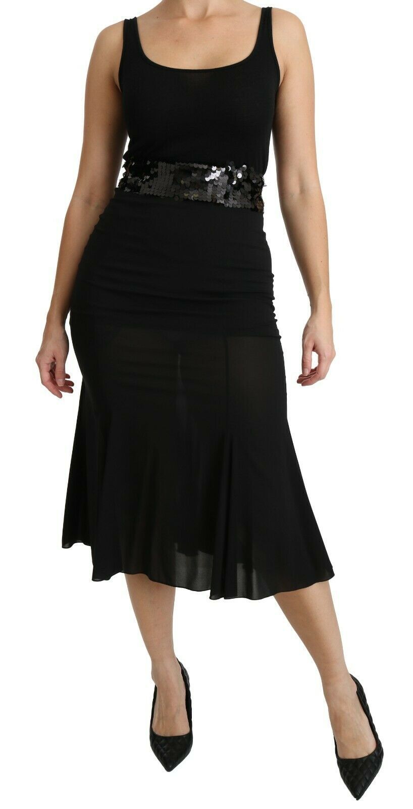 Black mermaid high waist midi silk skirt by Dolce & Gabbana, showcasing a fitted silhouette with elegant draping and a sleek finish.