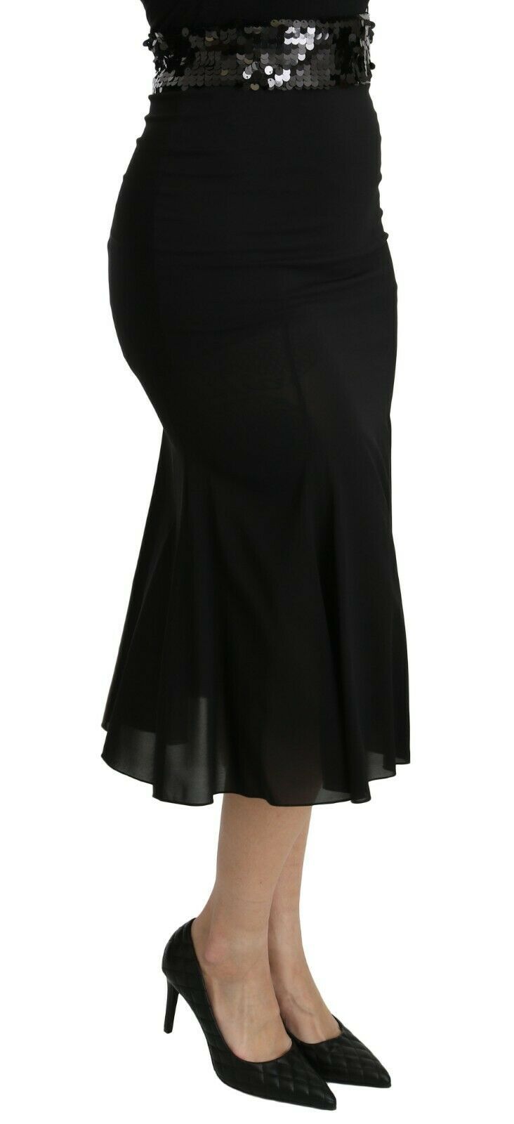 Black mermaid high waist midi silk skirt by Dolce & Gabbana displayed on a model, showcasing its elegant fit and luxurious fabric.