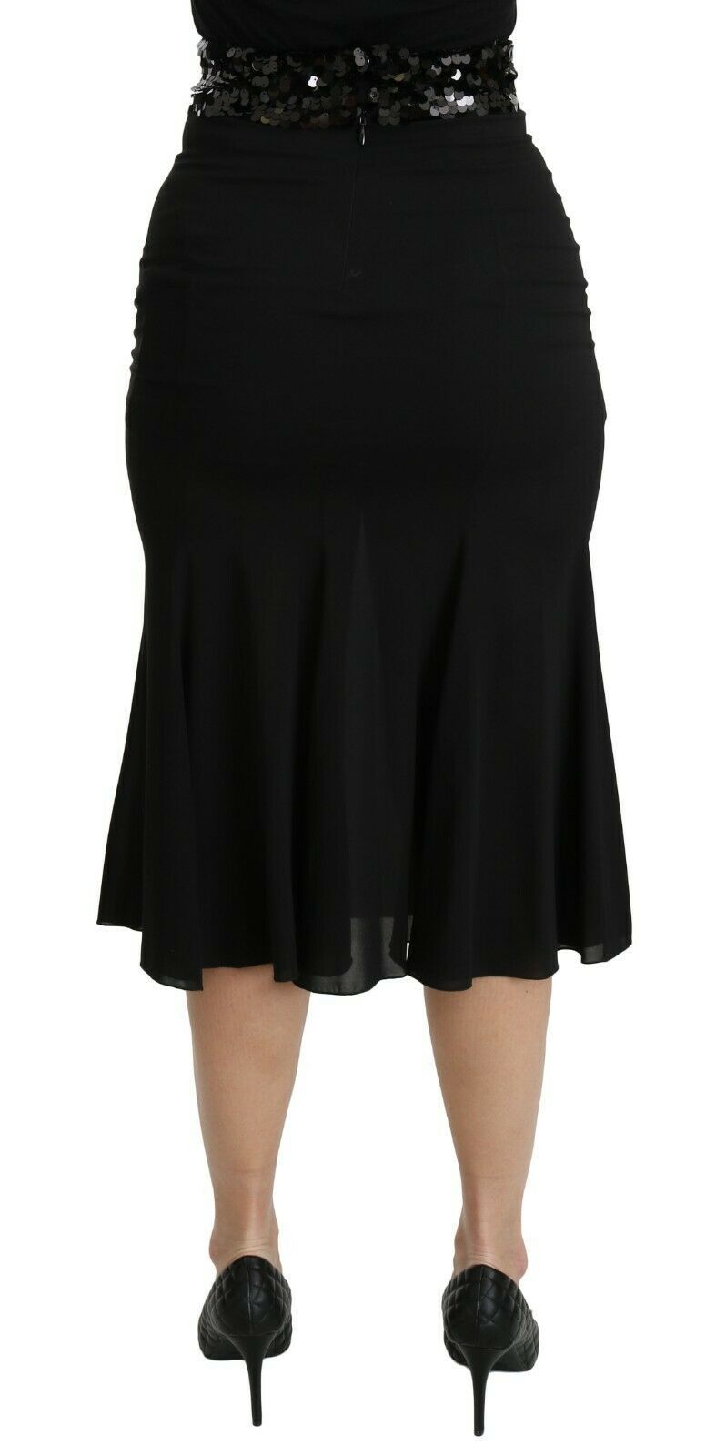 Black mermaid high waist midi silk skirt by Dolce & Gabbana, showcasing sleek fit and elegant design with a smooth silk finish.
