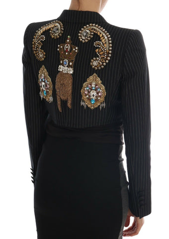 Black crystal-embellished fairy tale blazer jacket by Dolce & Gabbana, featuring structured design and intricate detailing.