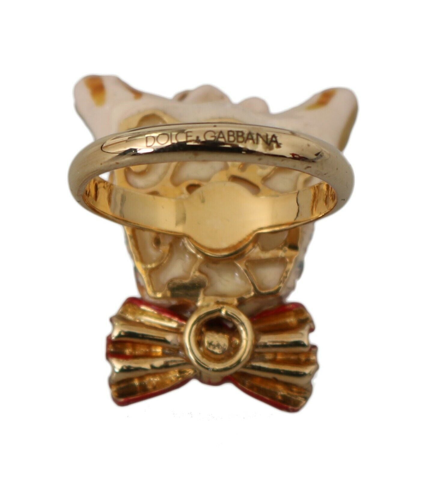 Gold brass resin dog pet accessory ring featuring beige color and branded design by Dolce & Gabbana.