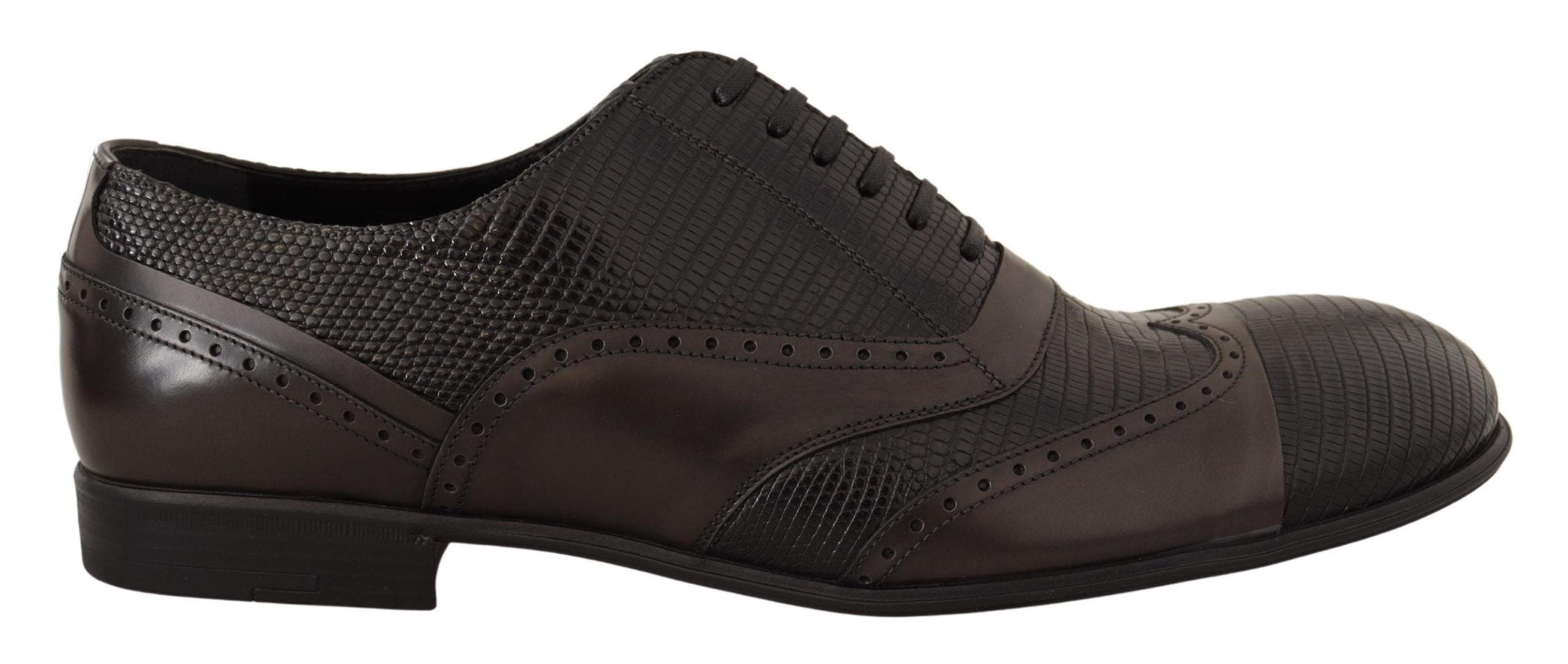 Brown lizard skin leather Oxford dress shoes by Dolce & Gabbana with classic lace-up design and polished finish.
