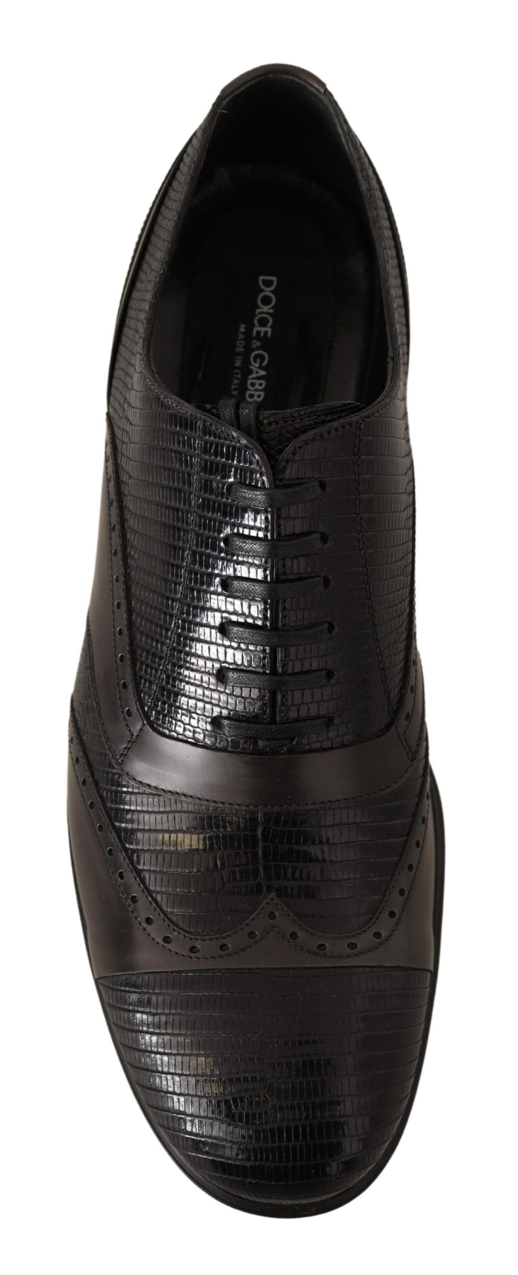 Brown lizard skin leather Oxford dress shoes by Dolce & Gabbana with sleek, polished finish and classic lace-up design.