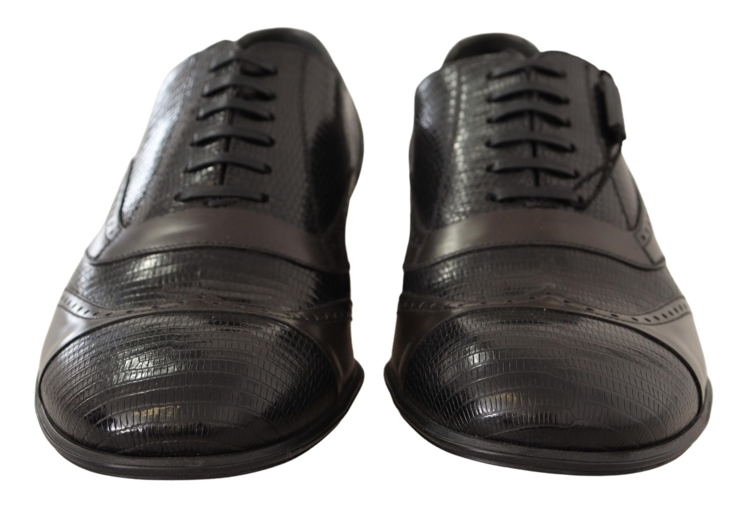 Brown lizard skin leather Oxford dress shoes by Dolce & Gabbana with sleek, polished finish and classic lace-up design.