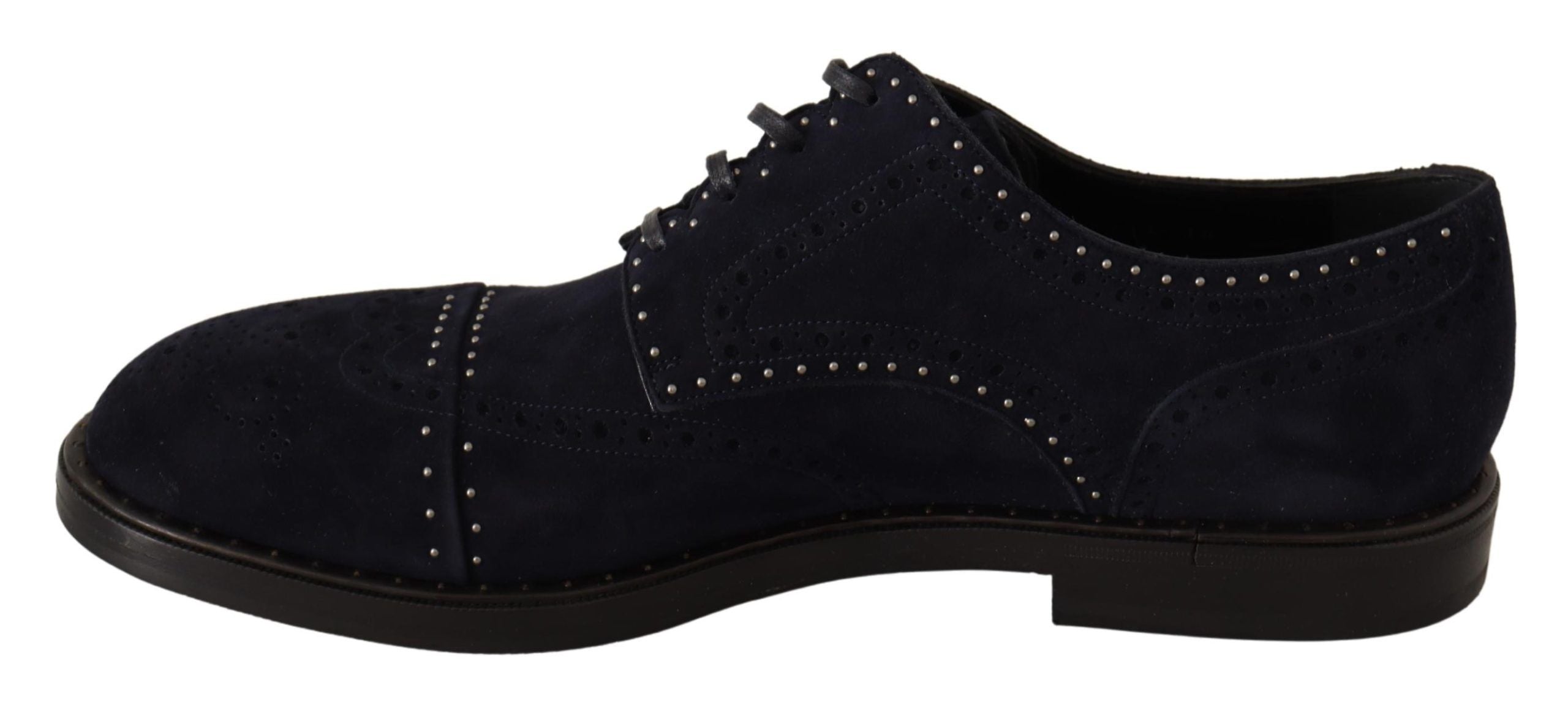 Blue suede leather Derby shoes with studded accents by Dolce & Gabbana, showcasing a stylish and sophisticated footwear design.