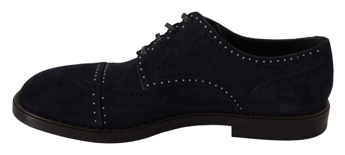 Blue suede leather Derby shoes with studded accents by Dolce & Gabbana, showcasing a stylish and sophisticated footwear design.