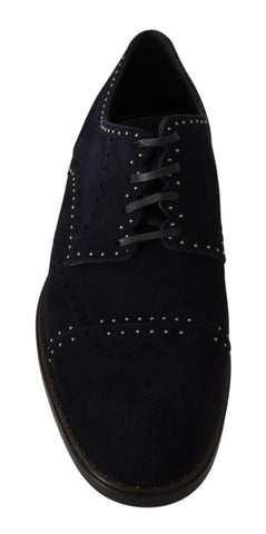 Blue suede leather derby shoes with studded accents from Dolce & Gabbana, featuring a classic lace-up design and stylish finish.