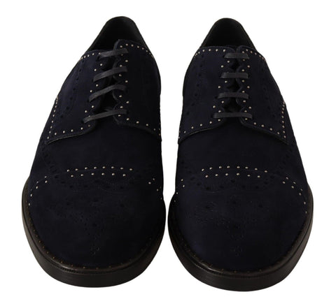 Blue suede leather Derby shoes with studded detailing from Dolce & Gabbana, featuring a classic lace-up design and stylish craftsmanship.