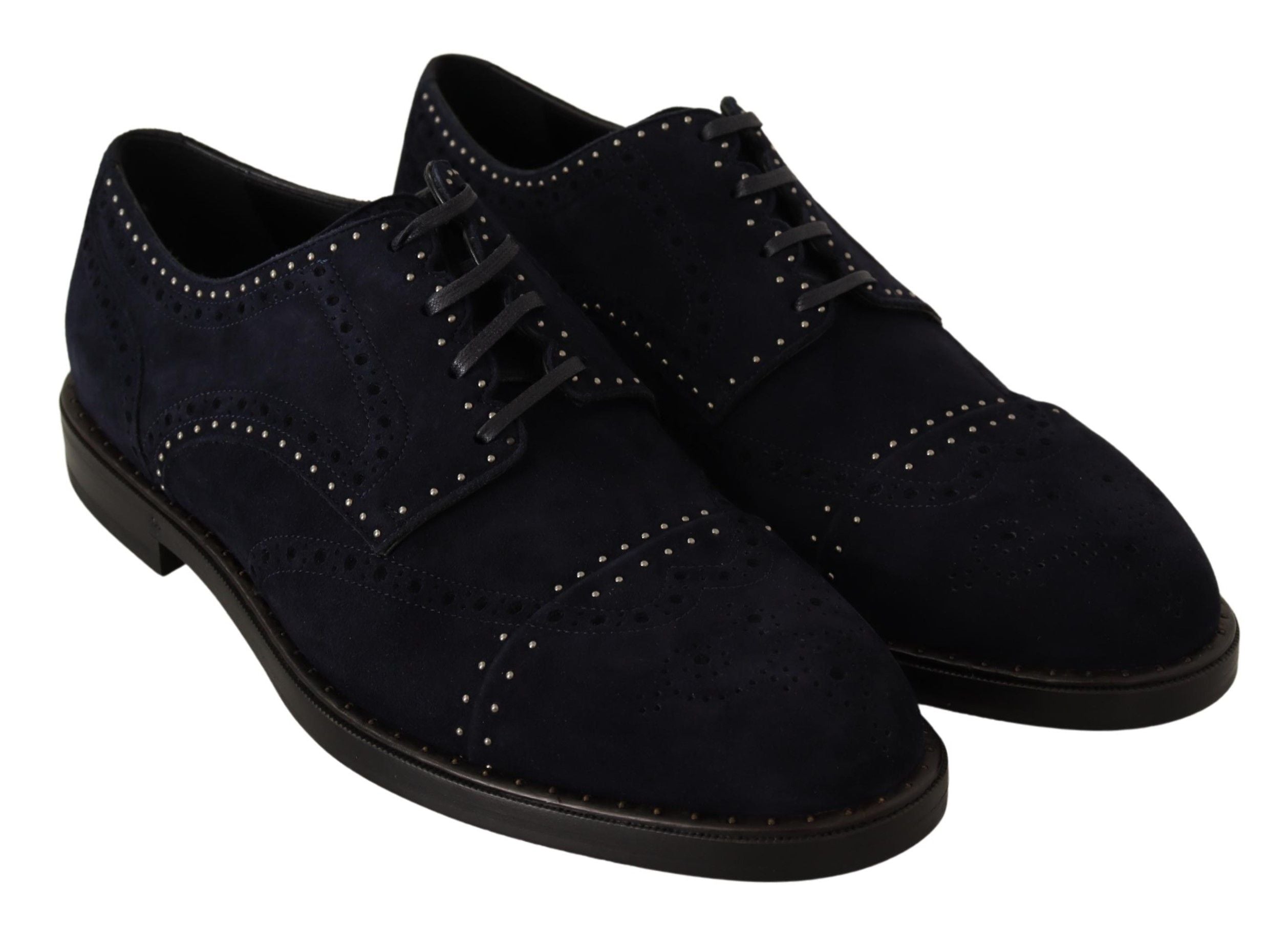Blue suede leather derby shoes with studded accents by Dolce & Gabbana, featuring a classic lace-up design and stylish detailing.
