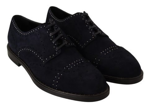 Blue suede leather derby shoes with studded accents by Dolce & Gabbana, featuring a classic lace-up design and stylish detailing.