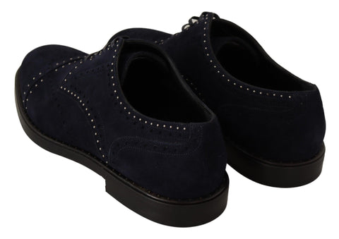 Blue suede leather Derby shoes with studded details by Dolce & Gabbana, featuring a classic design and elegant craftsmanship.