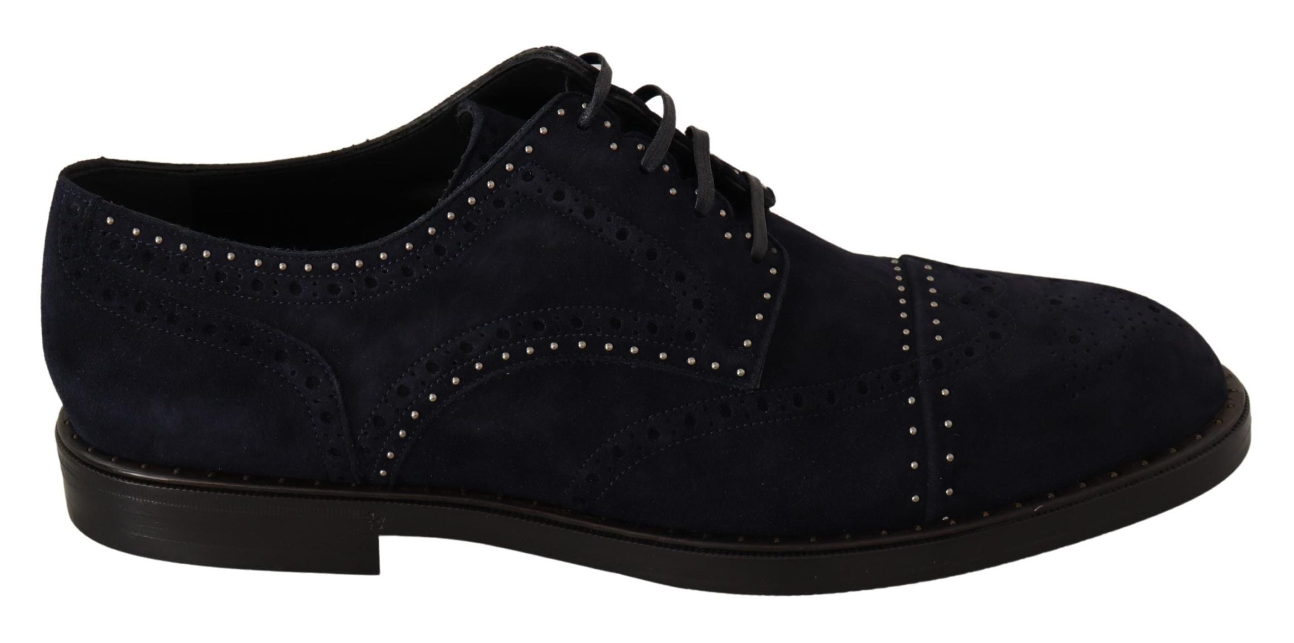 Blue suede leather Derby shoes with studded accents by Dolce & Gabbana, showcasing a stylish and sophisticated footwear design.
