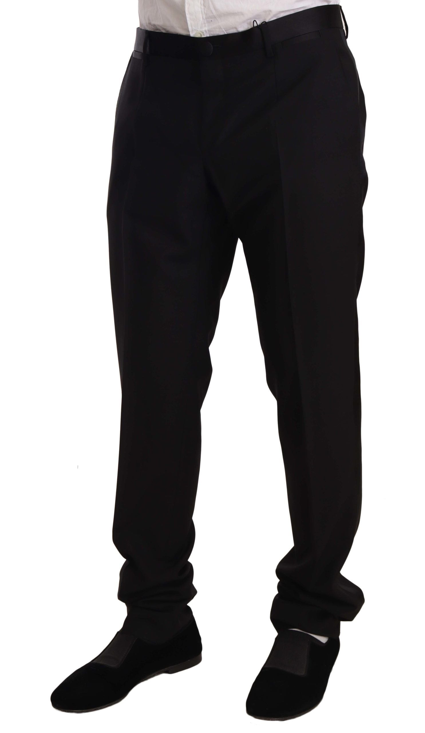 Black wool formal tuxedo trouser pants by Dolce & Gabbana, tailored fit with a sleek, polished appearance.