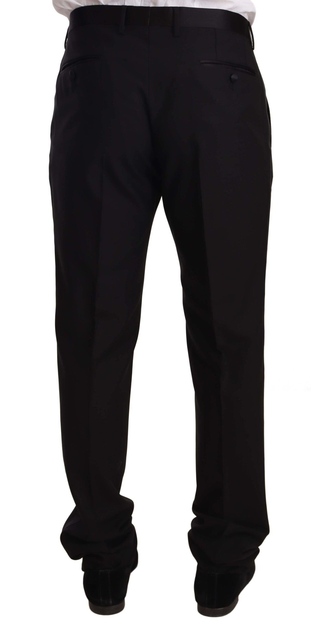 Black wool formal tuxedo trouser pants by Dolce & Gabbana, tailored fit with sleek design and classic style.