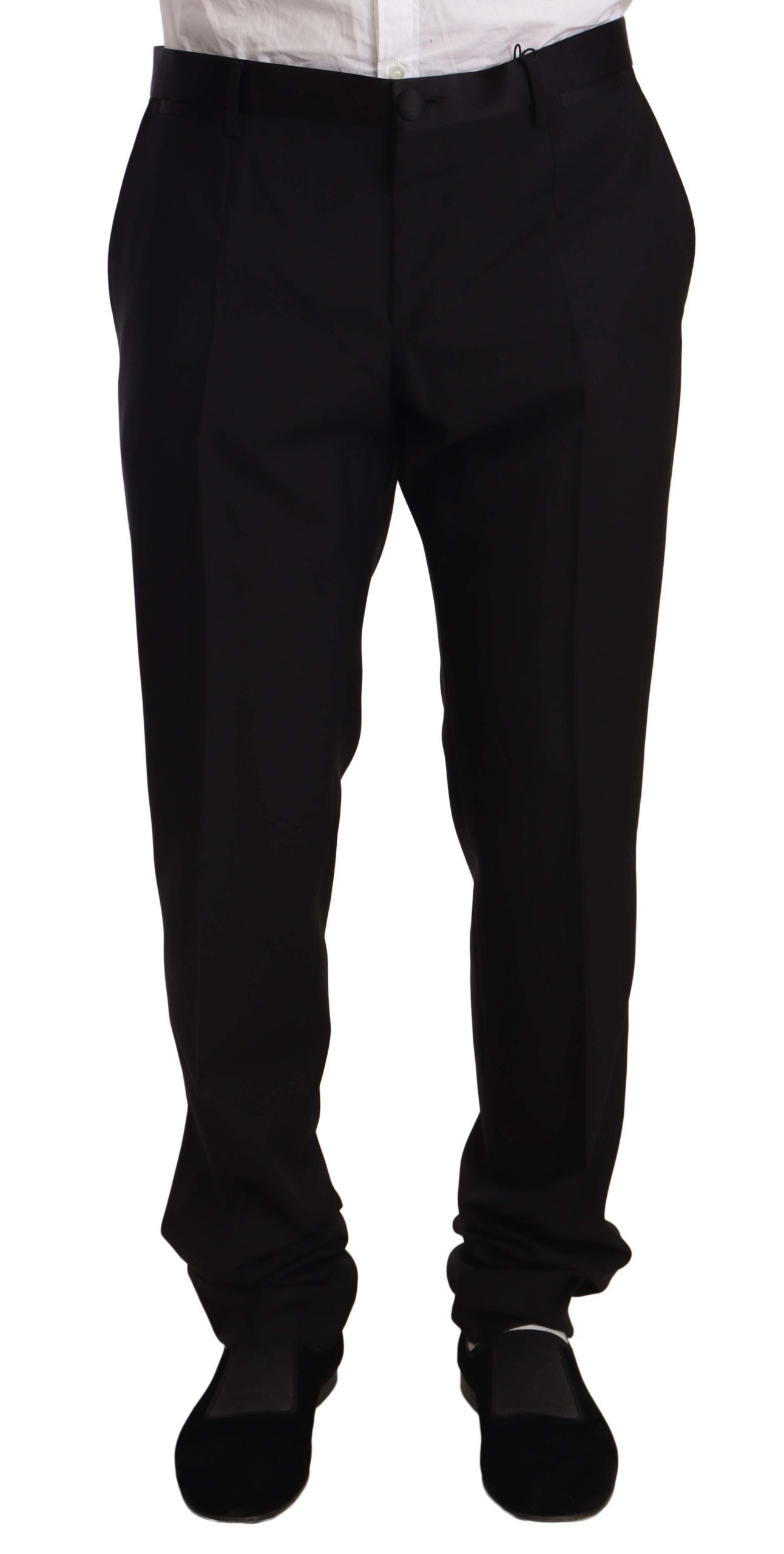 Black wool formal tuxedo trouser pants by Dolce & Gabbana, tailored fit with classic design and sleek finish.