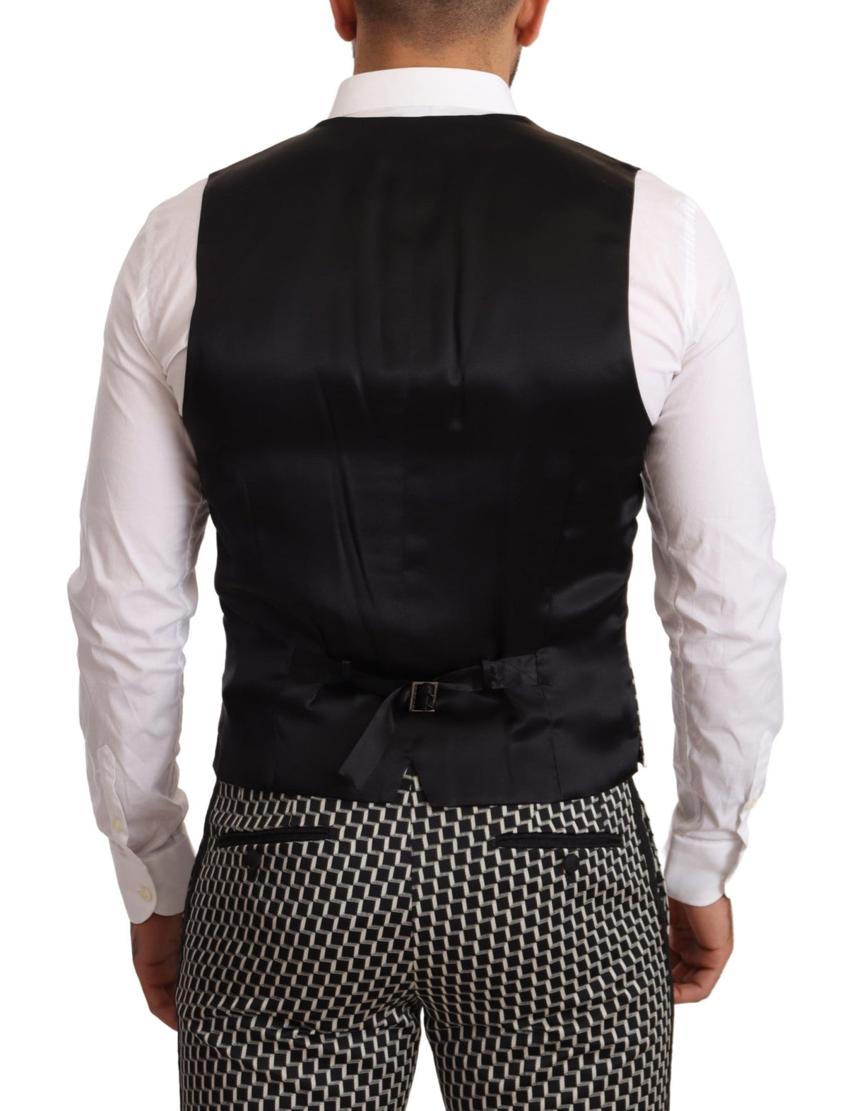 Dolce & Gabbana black and white check 3-piece Martini suit set, including jacket, vest, and pants, on a mannequin.