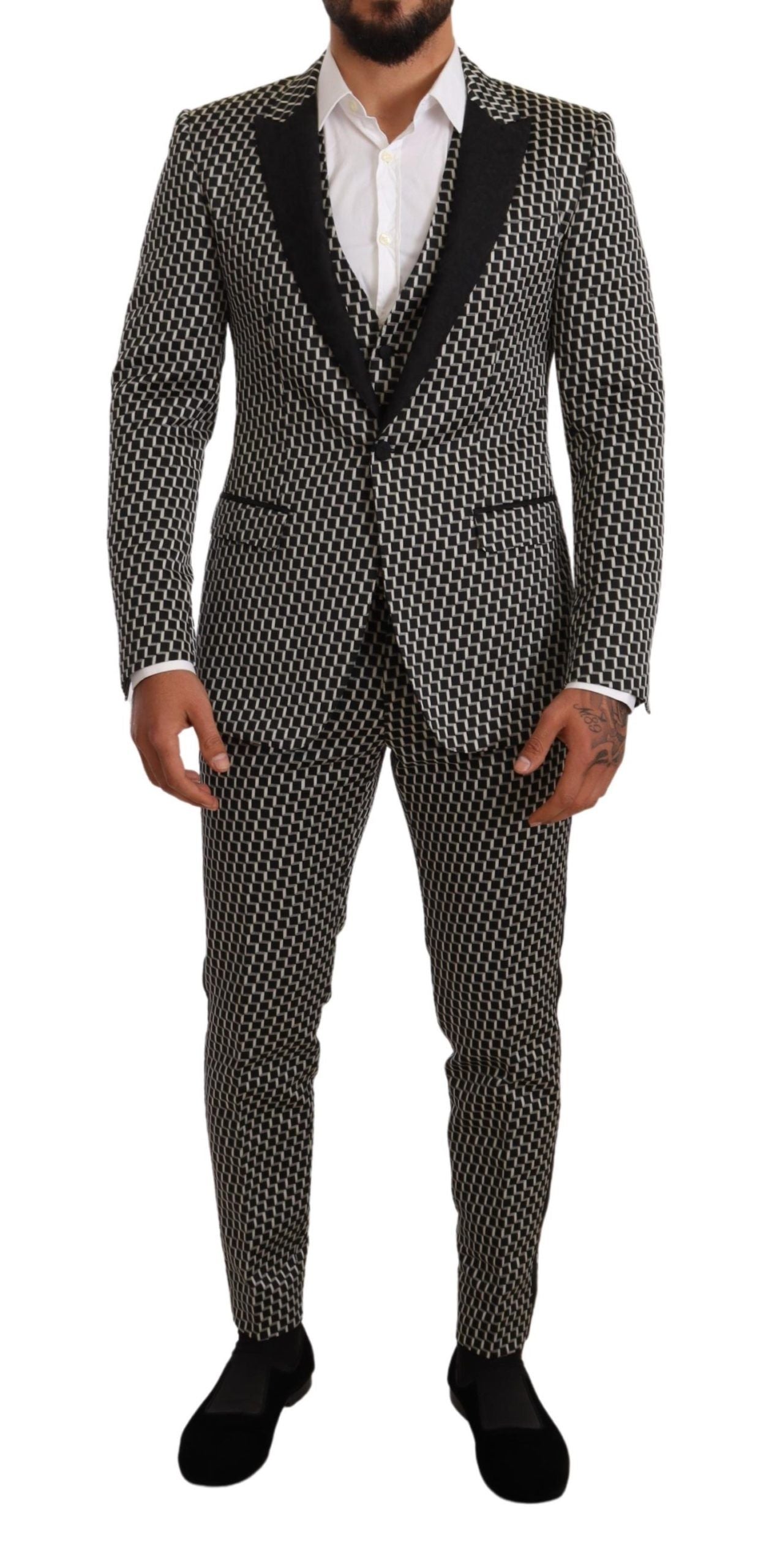 Black and white check Martini suit by Dolce & Gabbana, 3-piece set featuring tailored jacket, trousers, and vest.