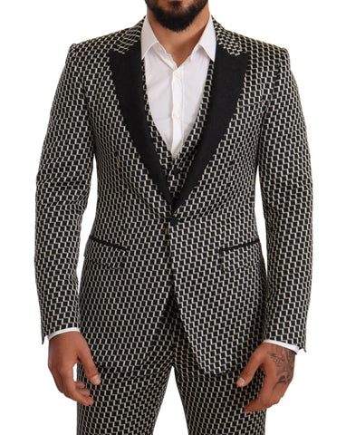 Dolce & Gabbana black and white check 3-piece Martini suit set, including jacket, trousers, and waistcoat, on a mannequin.