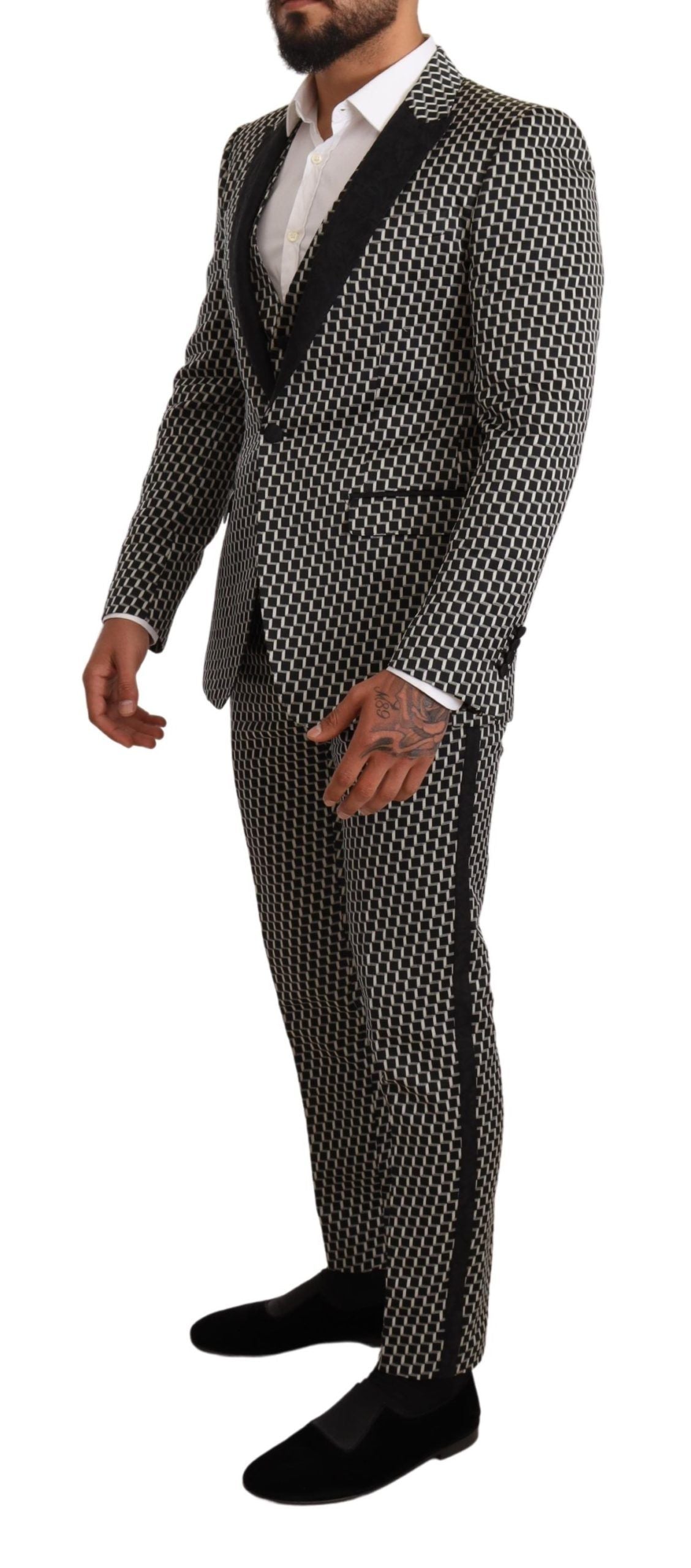 Dolce & Gabbana Black and White Check 3-Piece Martini Suit set, featuring a tailored blazer, vest, and trousers.