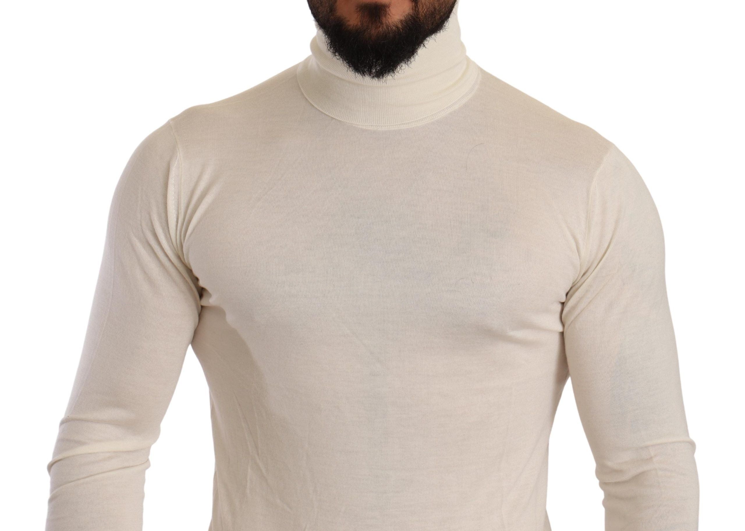 Cream Dolce & Gabbana cashmere turtleneck sweater, close-up of soft knit fabric and classic design.