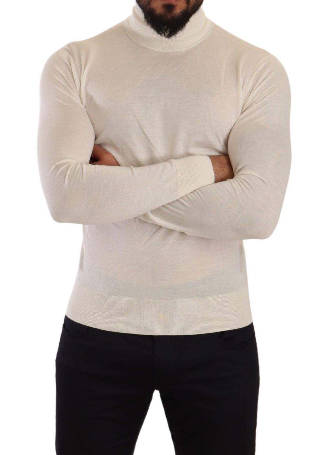 Cream Dolce & Gabbana cashmere turtleneck sweater with ribbed cuffs and hem, styled on a mannequin.